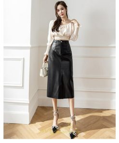 スカート | レザーフレアロング レディース  ボトムス ロングAライン ミモレ丈 かっこいい スリット オシャレ 着痩せ キレイめ