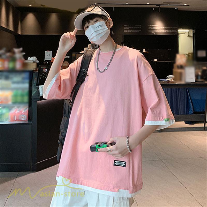 Tシャツ | メンズ 夏物 半袖 五分袖 フェイク レイヤード 重ね着風 無地 おしゃれ プルオーバー オーバーサイズ カジュアル 30代 20代 40代 ゆったり 男性着