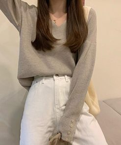 ニット・セーター | ボタン飾り 秋冬 無地 ニットトップス レディース 長袖 ニットセーター シンプルニット プルオーバー きれいめ Vネック