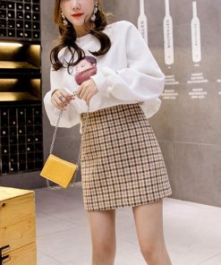 タイトスカート | チェック ミニスカート レディース ハイウエスト Aラインスカート 裏地付きウールスカート
