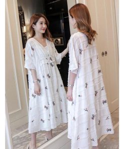 マタニティ | マタニティ綿麻フレアワンピース ゆったり花柄ワンピ 2点セット キャミソール＋ワンピース ロングリゾートワンピ 産後も着られるデザイン 柔らか 産前産後