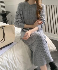ニットワンピース | ワンピース 秋冬 太めリブニット ロングワンピース ミモレ丈 無地 フード付き 帽子 ストレッチ 大人 セーター 50代 長袖 20代30代 アウター
