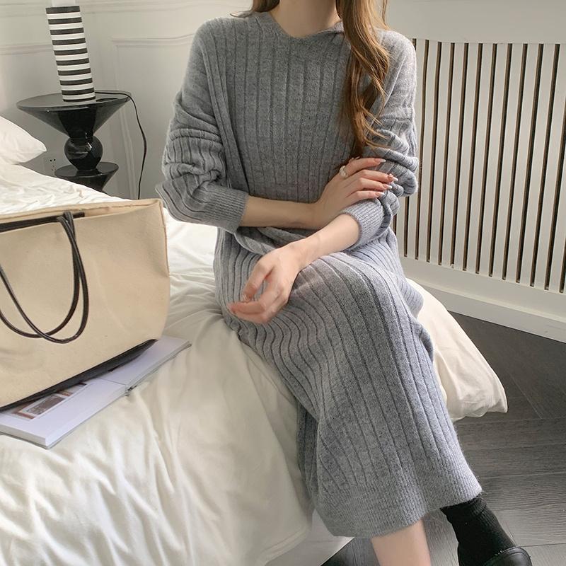 ニットワンピース | ワンピース 秋冬 太めリブニット ロングワンピース ミモレ丈 無地 フード付き 帽子 ストレッチ 大人 セーター 50代 長袖 20代30代 アウター