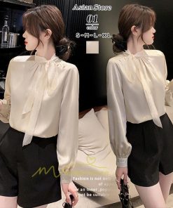 シャツ・ブラウス | ブラウス リボン リボンタイ バルーン袖 バルーンスリーブ シャツ 無地 長袖シャツ ファッション カジュアル エレガント 細身 OL オシャレ 通勤 新作 優雅 上品