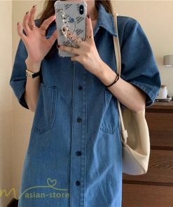 ミディアム | ワンピース デニムワンピース 半袖 ひざ丈 シャツワンピース 夏新作 体型カバー デニム フリーサイズ レトロ風 カジュアル 膝丈 かわいい 無地 ワンピ きれいめ