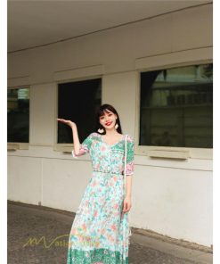 マキシ | ロングワンピース 五分袖 夏ワンピース 秋新作 Aラインワンピース マキシワンピース 花柄 プリント 旅行 ダンス ワンピース 30代40代 舞台 可愛い リボン