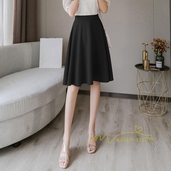 スカート | 膝丈 春秋 無地 フレアレディース ミディアム丈 ペンシルミモレ 黒 大人 20代 30代 40代 上品 OL エレガント 母 ママ