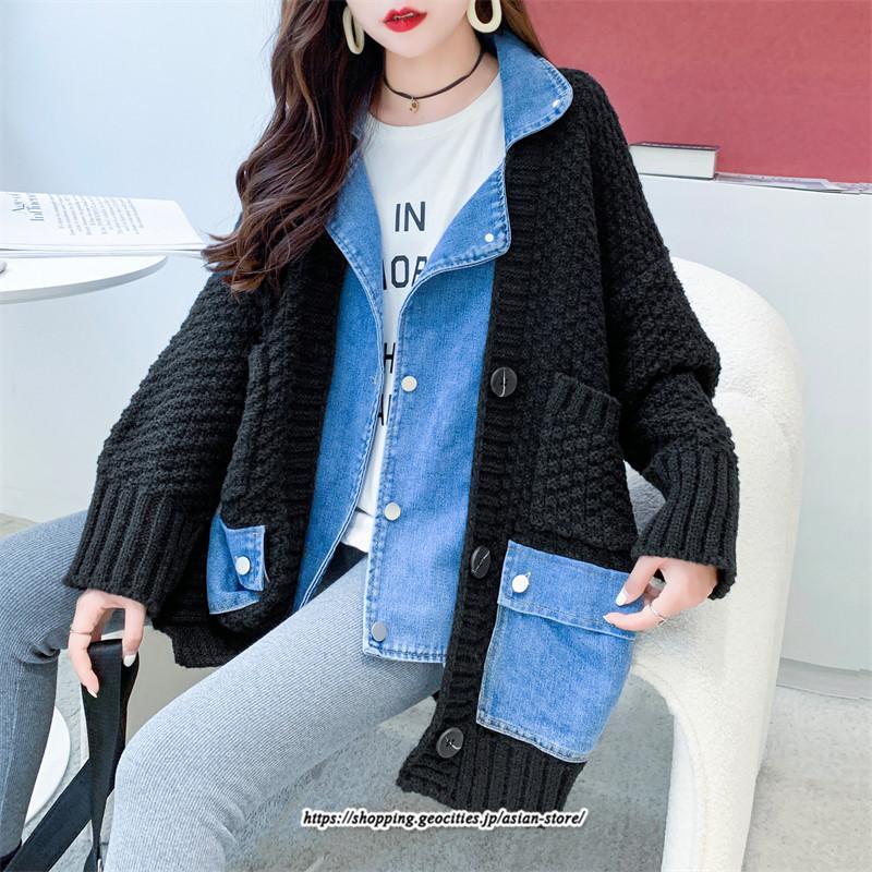 コート・ジャケット | ジャケット レディース 長袖 トップス ニット ニットカーディガン 切り替え デニム アウター 配色 デザイン おしゃれ 冬 カジュアル 2022 秋 カーディガン
