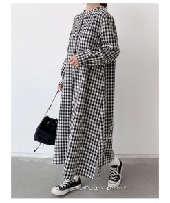 マキシ | 長袖ワンピース チェック柄ワンピース ロングワンピース レディース 秋物 ワンピース 楽チン 綿ワンピース 綿シャツワンピ スタンドカラー ゆったり 大きめ