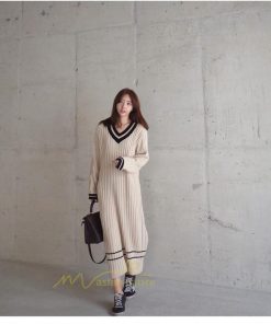 在庫ある | 短納期ロングニットワンピース ロングワンピ カットソー 長袖 トップス Vネック ゆったりセーターニット 体型カバー OL ストレートニットワンピ 通学通勤