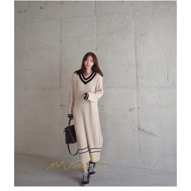 在庫ある | 短納期ロングニットワンピース ロングワンピ カットソー 長袖 トップス Vネック ゆったりセーターニット 体型カバー OL ストレートニットワンピ 通学通勤