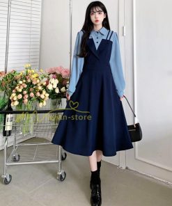 マキシ | ロングワンピース 秋物 レディース ミモレ丈 Aラインワンピース 切り替え フェイク レイヤード風 重ね着風 シャツカラー お呼ばれワンピース 30代40代 着やせ