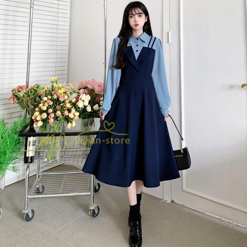 マキシ | ロングワンピース 秋物 レディース ミモレ丈 Aラインワンピース 切り替え フェイク レイヤード風 重ね着風 シャツカラー お呼ばれワンピース 30代40代 着やせ