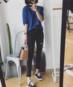 tシャツ・カットソー | Tシャツ カットソー レディース トップス 五分袖 夏服 秋物 リブ 無地 柔らかい Vネック 可愛い ニット インナー 通学通勤 20代30代 スリム 40代50代