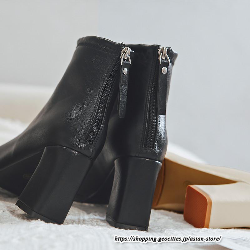 ショートブーツ | レディース 裏起毛あり 裏起毛なし スクエアトゥ ブーツ チャンキーヒール 太ヒール 後ろファスナー ミドルヒール 大人 靴 シューズ 黒ブーツ