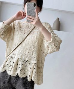 透かし編みトップス | レディース5分袖 トップス ブラウス プルオーバー シースルーカットソー 透け感 春夏 かぎ編み 透かし編み 花刺繍