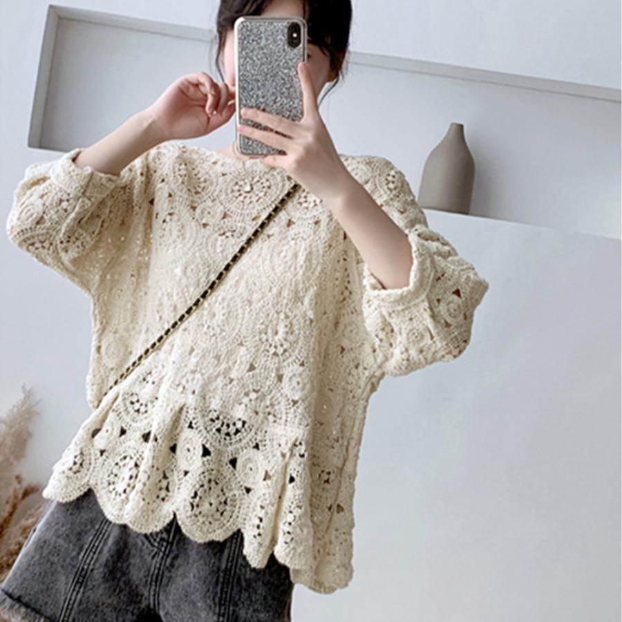 透かし編みトップス | レディース5分袖 トップス ブラウス プルオーバー シースルーカットソー 透け感 春夏 かぎ編み 透かし編み 花刺繍