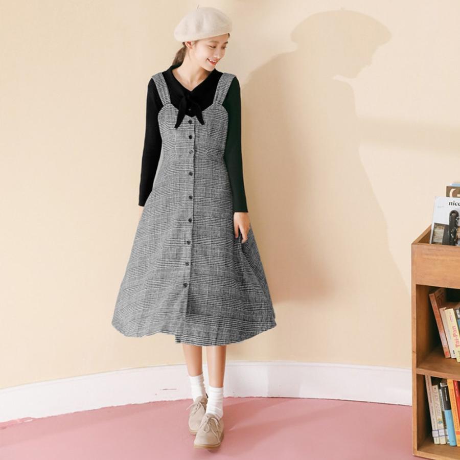 オールインワン | スカート ワンピース ロング 秋冬 チェック ジャンパースカート サロペット オールインワン 大人 グレンチェック