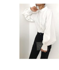 シャツ・ブラウス | シャツブラウス レディーストップス スタンドカラーブラウス 長袖ブラウス 無地シャツ バルーンスリーブ 春夏 リゾート ゆったり エレガント 通学通勤