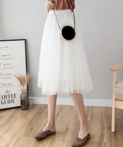 スカート | チュールプリーツウエストゴム 膝丈可愛い ハイウエスト 白 黒 10色 レディース OL 通学通勤 無地 春夏秋 裏地付き