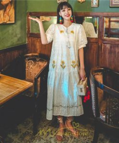 マキシ | ロングワンピース 夏秋 レディース 五分袖 普段着 同窓会 細見せ ハイウエスト コットン レース Aライン 白 紫 刺繍 Vネック キャンプ 旅行 上品 鎖骨 華奢魅せ