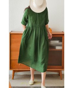 ミディアム | ワンピース レディース 夏新作 半袖 五分袖 ミモレ丈 刺繍 無地 Aラインワンピース ギャザー ゆったり Vネック ウエストリボン付き 調整可 40代 綿麻 30代