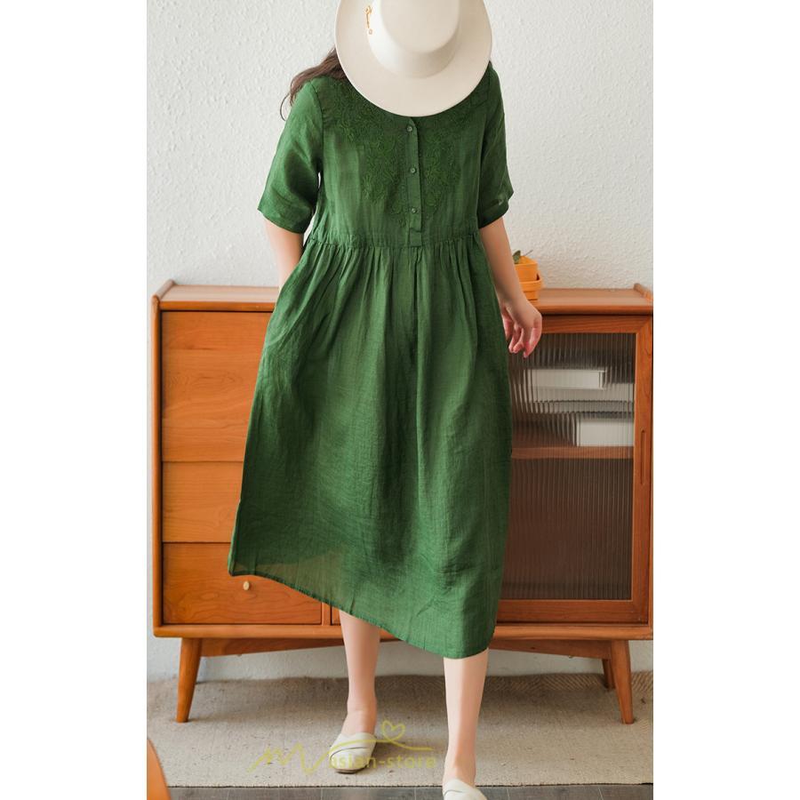 ミディアム | ワンピース レディース 夏新作 半袖 五分袖 ミモレ丈 刺繍 無地 Aラインワンピース ギャザー ゆったり Vネック ウエストリボン付き 調整可 40代 綿麻 30代