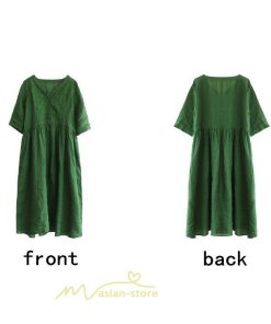 ミディアム | ワンピース レディース 夏新作 半袖 五分袖 ミモレ丈 刺繍 無地 Aラインワンピース ギャザー ゆったり Vネック ウエストリボン付き 調整可 40代 綿麻 30代