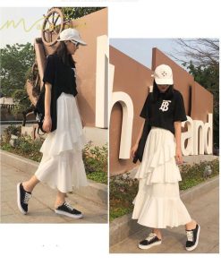 スカート | Aライン フレア裾 不規則アシンメトリー シフォン 韓国風 ティアード フリーサイズ 2020夏コーデ プリーツフレア ウエストゴム ハイウエスト