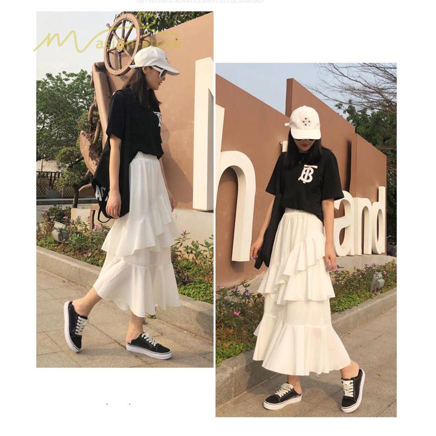 スカート | Aライン フレア裾 不規則アシンメトリー シフォン 韓国風 ティアード フリーサイズ 2020夏コーデ プリーツフレア ウエストゴム ハイウエスト