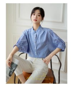 シャツ・ブラウス | ブラウス コットン 七分袖 レディース 青 入学式 入園式 卒業式 卒園式 フォーマル 結婚式 ママ 着痩せ 華奢見え OL お仕事 20代30代40代 通勤 新作 ビジネス