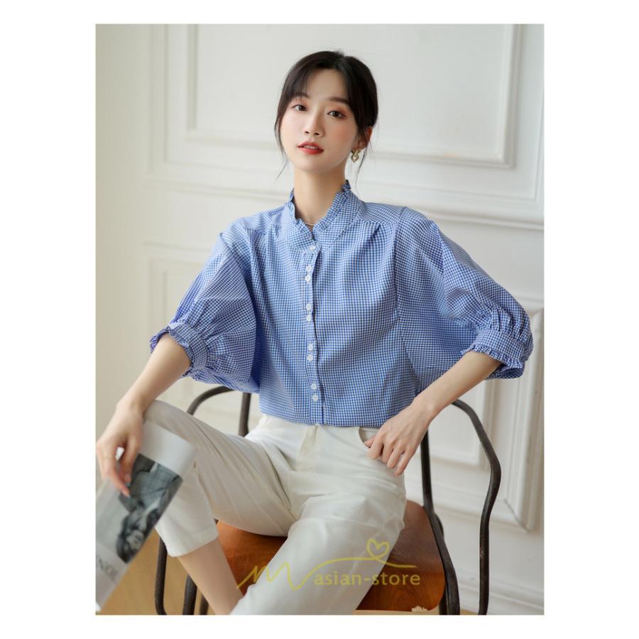 シャツ・ブラウス | ブラウス コットン 七分袖 レディース 青 入学式 入園式 卒業式 卒園式 フォーマル 結婚式 ママ 着痩せ 華奢見え OL お仕事 20代30代40代 通勤 新作 ビジネス