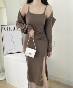ミディアム | ワンピース タイトワンピース カーディガン セットアップ 2点セット セクシー 膝丈 スリット パーティー キャミソールワンピース スリム 無地 大人 美ライン