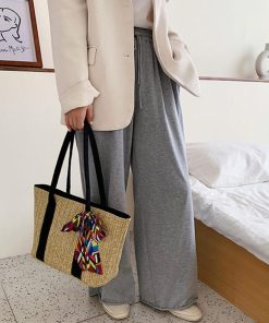 ハンドバッグ | 草編みバッグ リボン スカーフ付き かごバッグ 手提げバッグ レディース ストローバッグ 大容量 トートバッグ ハンドバッグ