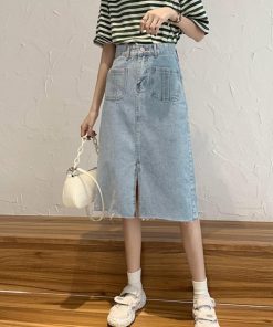 ひざ丈スカート | 膝下丈 デニムスカート レディース Aライン カジュアル ボトムス 裾フリンジ スリット