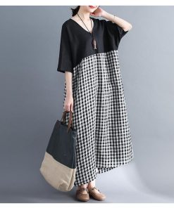 在庫ある | 短納期ロングリネンAラインワンピース ゆったりチェックワンピース 切り替えドッキングワンピ レディース 薄手 春夏衣装 通学通勤 オフィス カジュアル 海