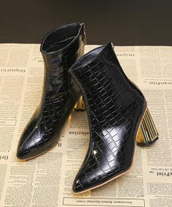 ショートブーツ | 大きいサイズレディース ポインテッドトゥ チャンキーヒール 柄 太ヒール バックファスナー 27cm ミドルヒール シューズ ブーツ 黒ブーツ