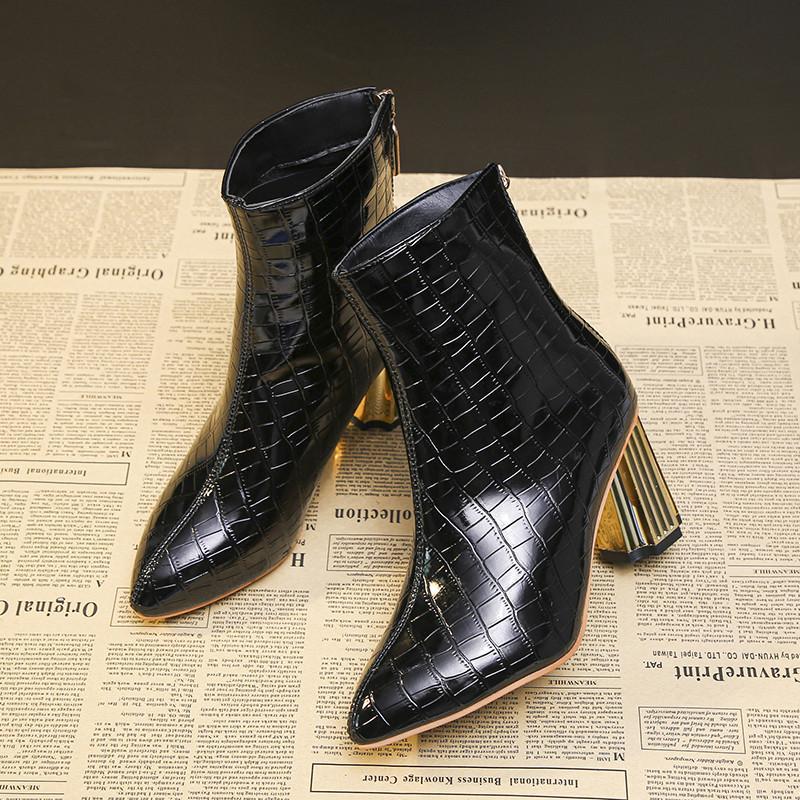 ショートブーツ | 大きいサイズレディース ポインテッドトゥ チャンキーヒール 柄 太ヒール バックファスナー 27cm ミドルヒール シューズ ブーツ 黒ブーツ