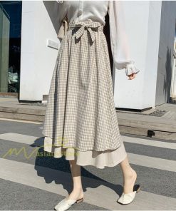 スカート | フレアロングレデイース リネンウエストゴム 綿麻混 マキシマキシ リゾート チェック柄 体型カバー