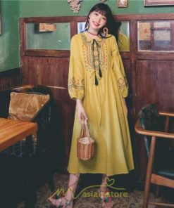 マキシ | ワンピース レディース 刺繍 綿麻 レトロ調 インスタ映え ナチュラル エスニック風 民族風 ボヘミアン 撮影 リゾート 柔らかい ウエストリボン長袖 イベント