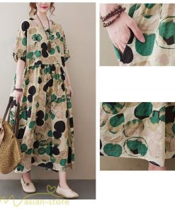 マキシ | Aラインワンピース レディース フリーサイズ 着痩せ プリント 5分袖 クルーネック 麻 綿 リネン 体型カバー ゆったり 薄手 サマーワンピース 夏コーデ