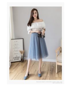 スカート | チュールプリーツウエストゴム 膝丈可愛い ハイウエスト 白 黒 10色 レディース OL 通学通勤 無地 春夏秋 裏地付き