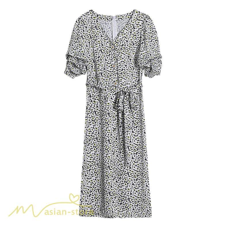 ミディアム | ワンピース レディース 着痩せ 花柄 Vネック 半袖 膝丈 サマーワンピース きれいめ エレガント 30代 40代 50代 大人 春 薄手 ひざ丈 お出かけ 上品 夏 デート