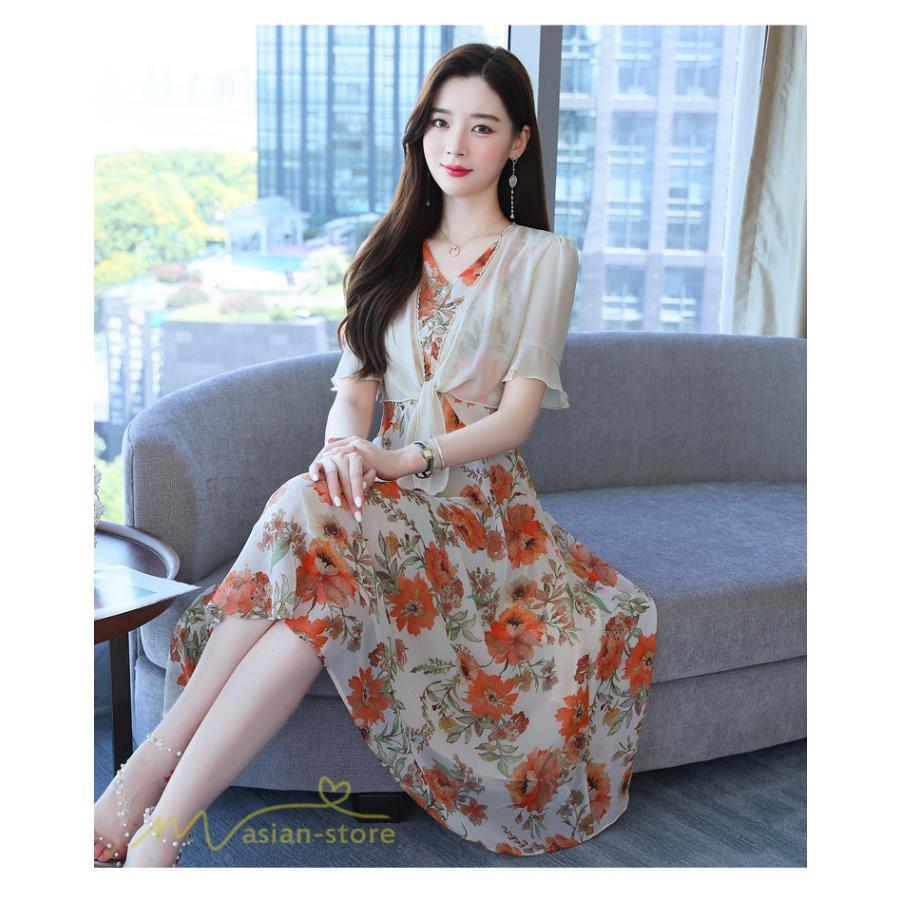 ミディアム | ワンピース レディース 花柄 着痩せ きれいめ おしゃれ 夏 サマーワンピース 膝丈 大きいサイズ 通勤 肩マント ミディアムワンピース お出かけ 気質 二点セット