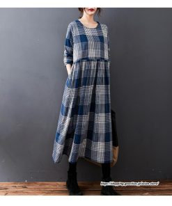 マキシ | チェック柄ワンピースリネン風 長袖ワンピース 30代レディース秋物長袖 綿麻風 ゆったり ゆるシルエット 大人 可愛い 通学通勤 リネンワンピ チェック柄 50代