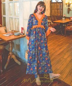 マキシ | ワンピース 長袖 ゆったり 夏秋 レディース 個性的 マキシ丈 楽ちん 体型カバー エスニック 着痩せ 赤 青 オレンジ レトロ 高品質 民族風 20代30代40代 旅行 海