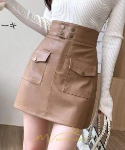 スカート | ミニレディース レザー タイトハイウエスト ポケット インナーパンツ付き ハイウエスト 韓国ファッション フェイクレザー