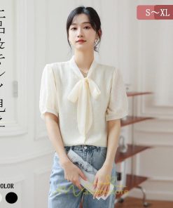 シャツ・ブラウス | ブラウス レディース おしゃれ きれいめ 半袖ブラウス カジュアル 無地 フォーマル オフィス オフホワイト 黒 シフォン OL 蝶結び 通勤 新作 お出かけ ビジネス
