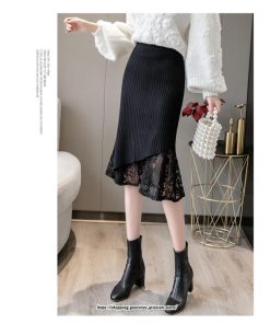 スカート | ニットレディース ファンション レース スリット 膝丈 ミモレ丈 ロング丈 秋冬 秋物 無地 通勤 エレガント フレア 女性 大人 着痩せ オシャレ 上品