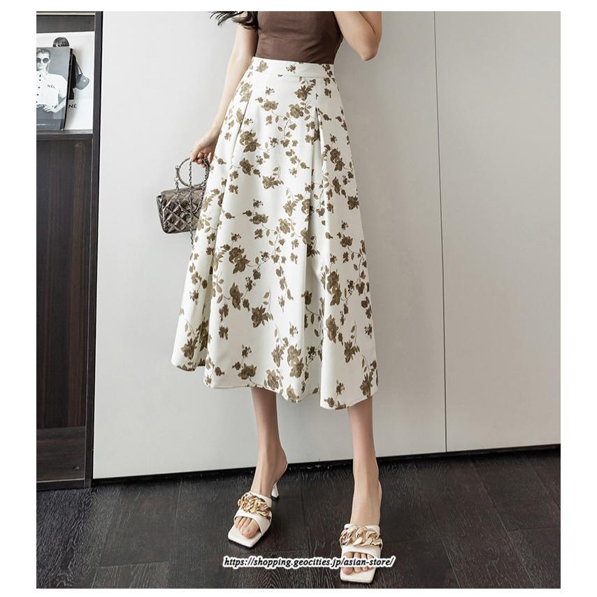スカート | レディース ロングハイウエスト Aライン 花柄 秋 冬 ボトムス カジュアル 大人 可愛い お出かけ デイリー フェミニン おしゃれ きれいめ